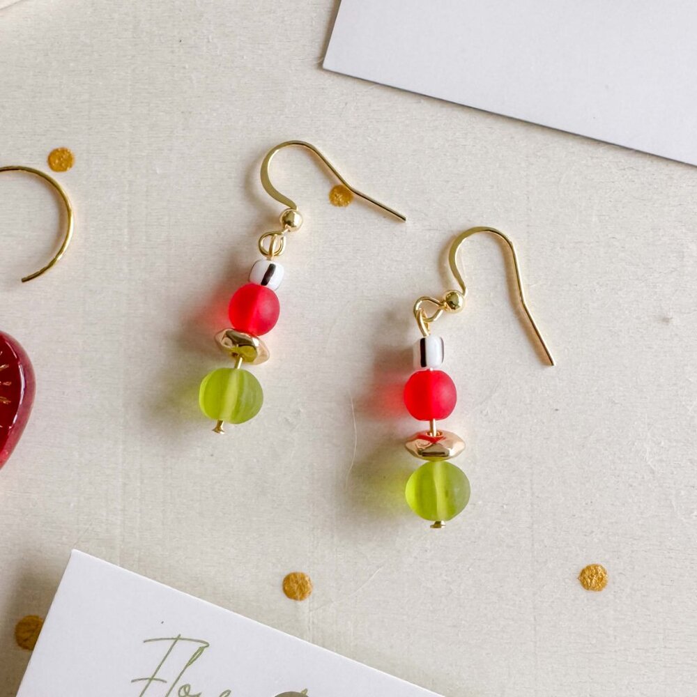 Colourful Beaded Drop Earrings Red Lime Green Gold | Funky Jewellery - Picture 5 of 6